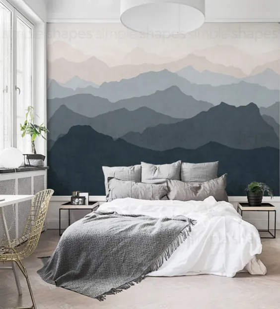 کاغذ دیواری نقاشی دیواری کوهستانی ، رنگ صورتی مایل به خاکستری خاکستری ، هنر دیواری فوق العاده بزرگ کوهستانی ، نقاشی دیواری لایه بردار و استیک
