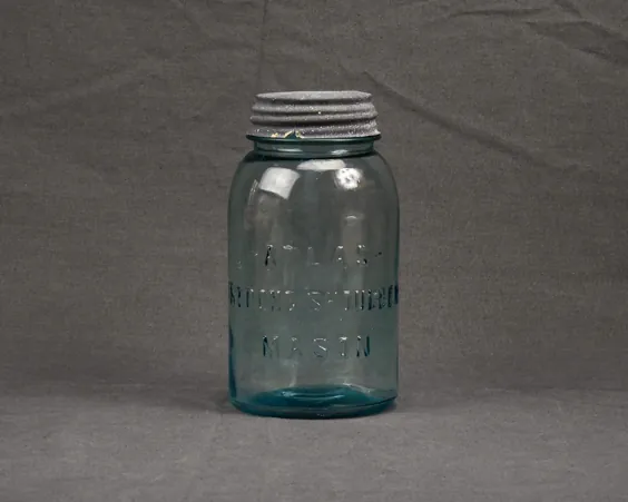 Antique Atlas Jar Strong Shoulder Quart Glass Mason Aqua |  اتسی