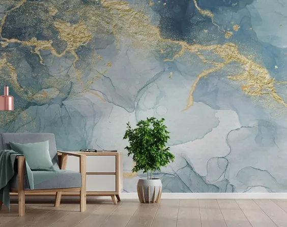 کاغذ دیواری مرمر آبی کاغذ دیواری مرمر نقاشی دیواری طلایی آبی پاستل |  اتسی