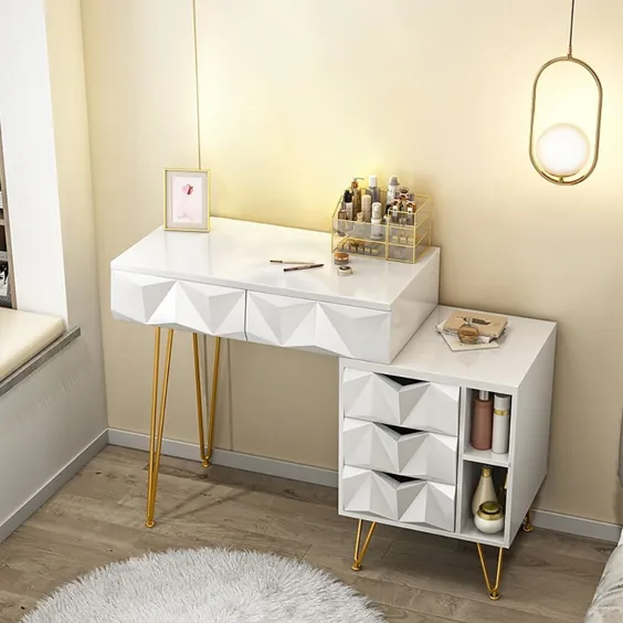 میز آرایشی مدرن سفید Vanity Diamond برجسته روی سطح با کابینت 3 کشو به صورت کوچک