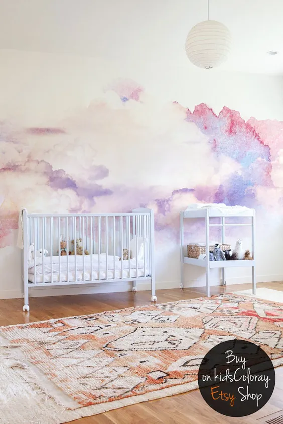 آبرنگ ابر انتزاعی نقاشی دیواری دیواری ||  کاغذ دیواری نرم و ظریف برای مهد کودک ، اتاق کودک ||  رنگهای خاموش ||  صورتی و لطیف سفید # 17