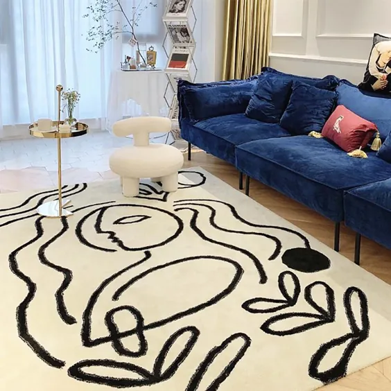 فرش فرش چهره مدرن انتزاعی ، فرش های هنری مینیمالیست خط ، فرش های منطقه با کنتراست سیاه و سفید ، فرش منطقه خلاق برای اتاق خواب اتاق نشیمن
