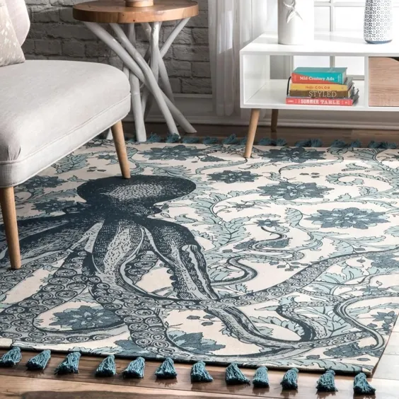 فرش دستباف نخی اختاپوس مدل فرش آبی Aqua - 8 "x 10"