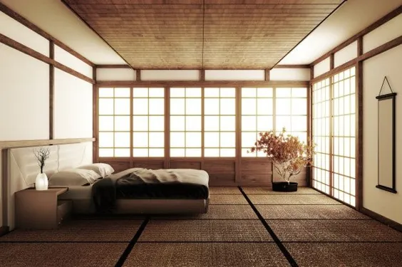 اتاق خواب مجلل مدرن به سبک ژاپنی مسخره می کنند ، طراحی زیباترین. ارائه 3D