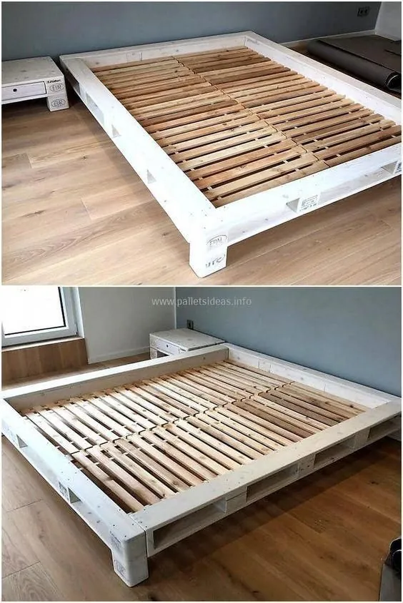 Für diejenigen، die einzigartig aussehendes Bett wünschen؛  Hier ist das Bettgestell ohne Beine.  Die Bettauflage besteht aus kleinen Holzpalettenboxen und das Bett befindet sich etwas über dem Boden.  Der Schaumstoff wird in den Raum zwischen der erhöhten Palettenumrandung eingesetzt - ایده های چوبی