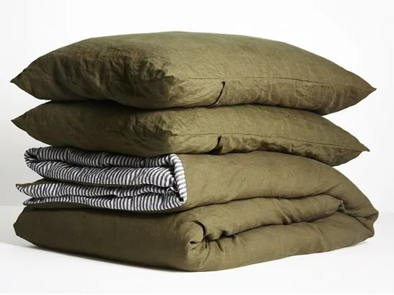 روتختی کتانی فوق العاده لوکس 100٪ خالص فرانسوی DOUBLE SIDED در Olive / Stripes