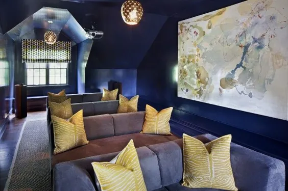 اتاق فیلم زیر شیروانی آبی با مبل های خاکستری و بالش های گورخر زرد - معاصر - اتاق رسانه