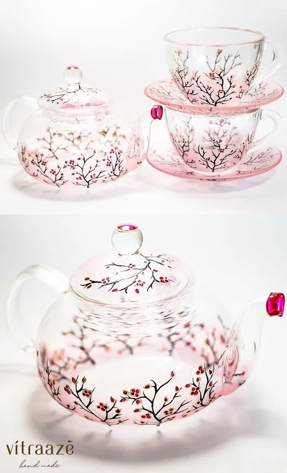 مجموعه چای شخصی شده قوری با فنجان و نعلبکی فنجان های بشقاب چای گل گیلاس
