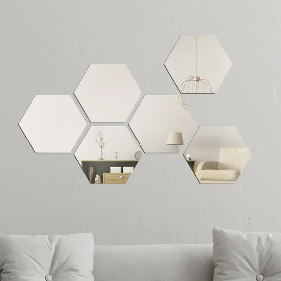 کاشی های آینه ای دیواری اکریلیک والپلاس مینیمالیست Hexagon دکوراسیون منزل (نقره ای - 12 قطعه)