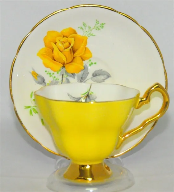 ROYAL STAFFORD BRIGHT YELLOW FLORAL ROSES TEA CUP و SAACER TEACUP