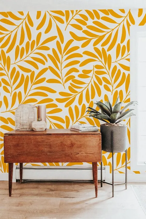 کاغذ دیواری گیاهان پوست و استیک زرد عسلی |  اتسی