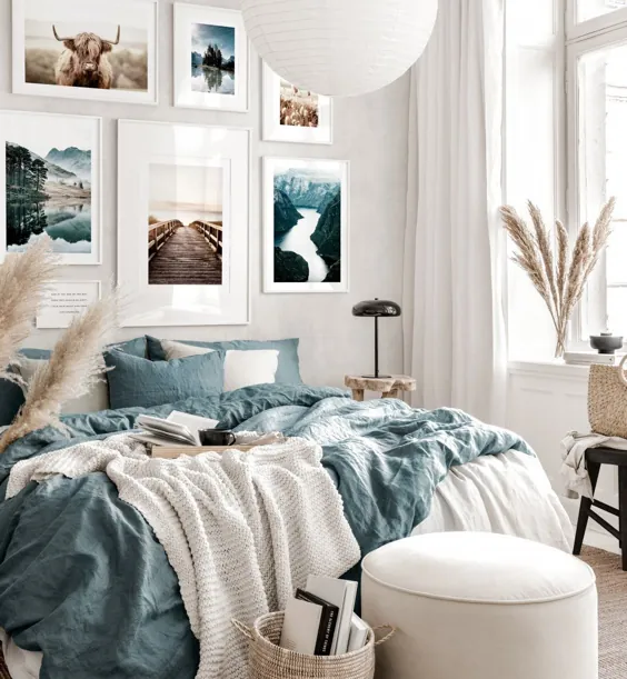 گالری آرام بخش پوستر طبیعت خواب اتاق بژ آبی قاب های چوبی سفید
