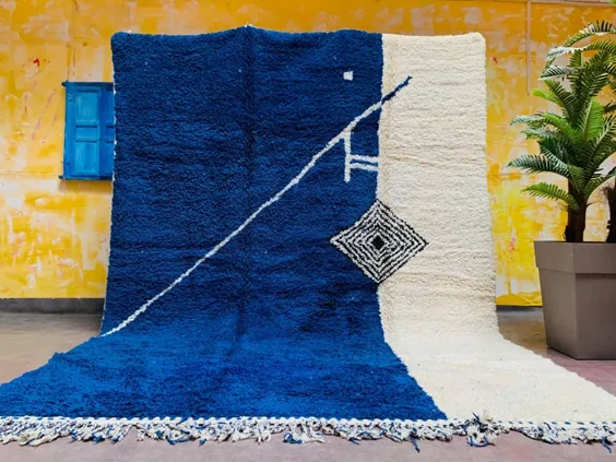 فرش آبی مراکشی دست ساز Beni Ourain Style berber area |  اتسی