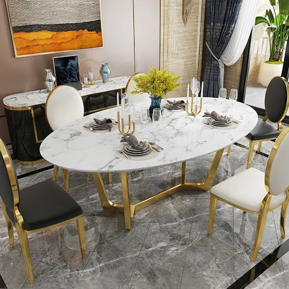 میز ناهار خوری بیضی میز ناهار خوری سنگ مرمر سفید مصنوعی مدرن 63 "میز ناهار خوری با قاب طلا