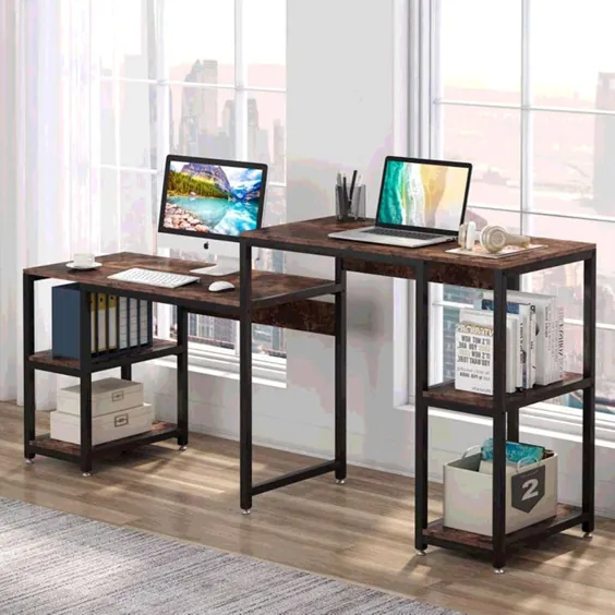 میز کامپیوتر دو نفره با 4 قفسه فضای باز خیلی بلند |  اتسی