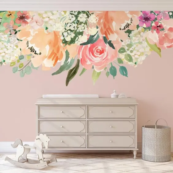 MEADOW Lake Flowers Watercolor Flowers Wall Decal Border Pink Coral |  اتسی