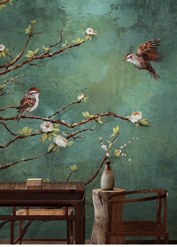 کاغذ دیواری پرندگان و گلهای تاریک پرنعمت طبیعت دیواری دیواری |  اتسی