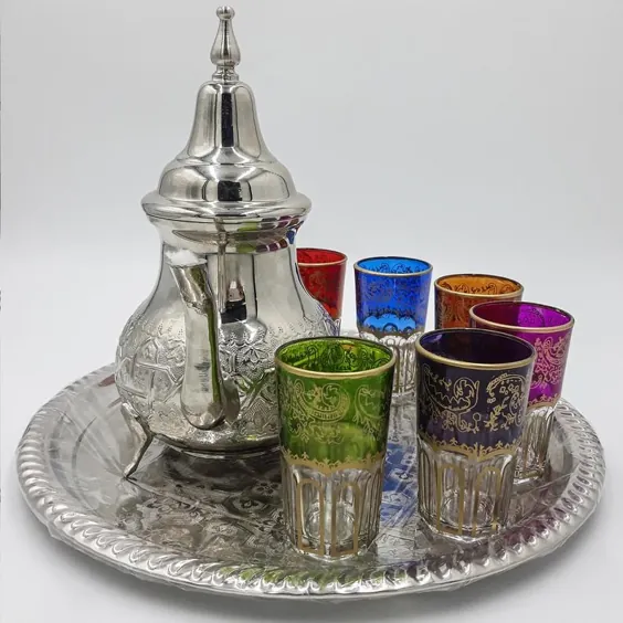 ست 6 لیوان چای پرنعمت مراکشی ، قوری و سینی معتبر ، فنجان های سبک دست ساز چند طرح ، لیوان های چای کبالت ، لیوان های چای پرنعمت
