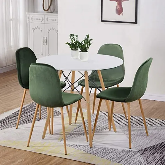 میز ناهار خوری گرد GOLDFAN و 4 صندلی میز آشپزخانه به سبک چوبی و صندلی های مخملی ست اتاق ناهار خوری ، 80 سانتی متر ، سبز