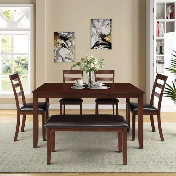صندلی میز ناهار خوری آشپزخانه SSLine مجموعه ای از صندلی های 6 ، 4 قطعه صندلی بالشتک با پشتی و 1 میز و میز ناهار خوری میز و میز رومیزی چوبی ، اسپرسو ، مبلمان خانگی روستیک