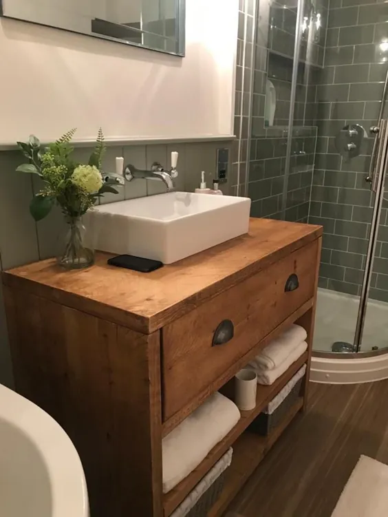 واحد غرور حمام روستاییک - واحد حوضچه دست ساز ساخته شده از چوب تیز - واحد کابینت حمام با ذخیره سازی