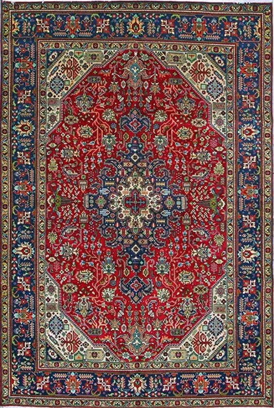 فرش ArmanRugs 6 '8 "x 9" 10 "Red-Navy Blue Tabriz فرش دستباف اصل ایرانی