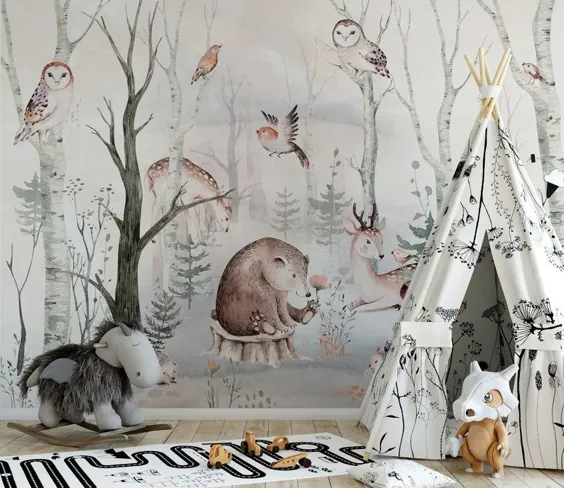 Sweet Dreamy Forest Mural KM054 - Nursery Self Adhesive Peel and Stick Wallpaper حیوانات جنگلی نقاشی دیواری