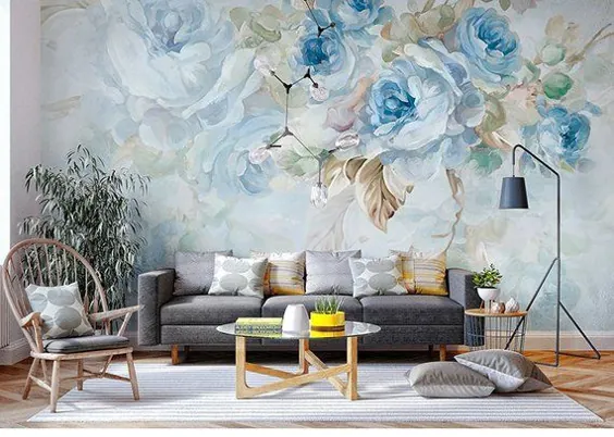 نقاشی رنگ روغن هلندی تصویر زمینه کاغذ دیواری گلدان گل صد تومانی آبی ، نقاشی رنگ روغن روغن گل صد تومانی گل آویز تزئینی دیوار نقاشی دیواری