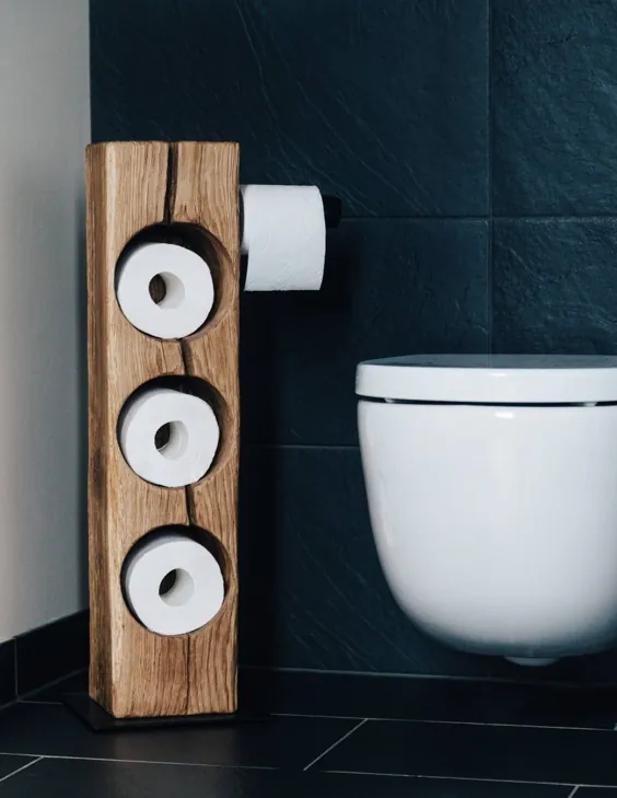 Toilettenpapierhalter، handgefertigt aus massium Eichenbalken mit geschmiedetem Metallsockel und Toilettenrollenhalter