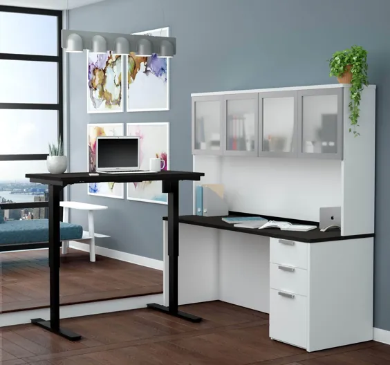 ست 2 تکه Pro-Concept Plus شامل میز ایستاده و میز Credenza همراه با هاچ - موجود در 2 رنگ - سفید و خاکستری تیره