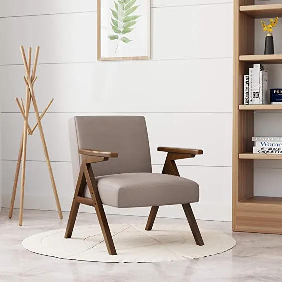 صندلی و صندلی لهجه ای HUIMO ، صندلی چوبی مدرن صندلی مدرن قرن ، صندلی های لهجه ای پارچه ای برای اتاق نشیمن ، اتاق خواب ، صندلی مطالعه روکش دار زیبا ، صندلی کناری (خاکی)