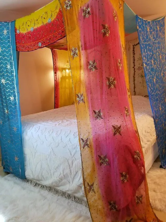 سایبان تختخواب ساخته شده به سفارش ابریشم پرده ای بوهمیان سایز ملکه |  اتسی
