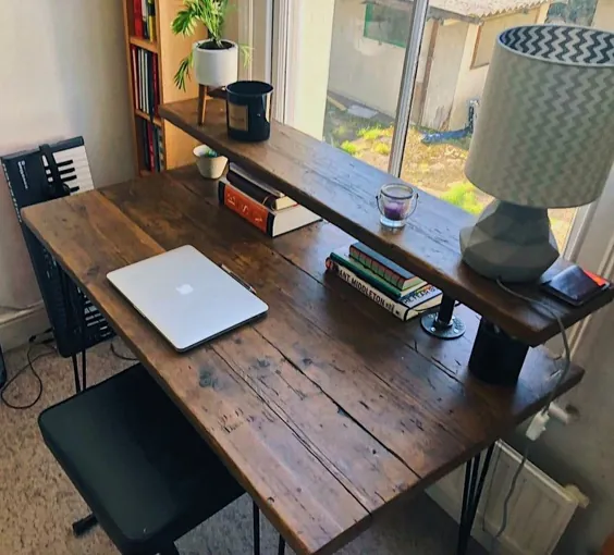 میز سبک صنعتی با قفسه برای ذخیره سازی یا مانیتور کامپیوتر |  روستایی |  دست ساز با چوب اصلاح شده |  سنجاق سر |  خانه و دفتر
