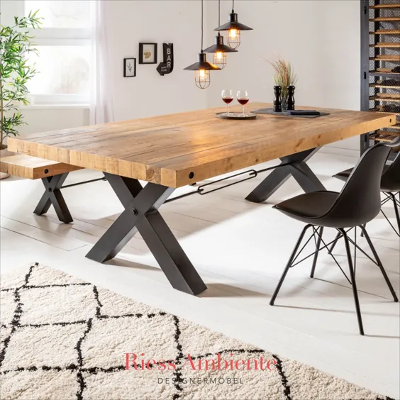 میز ناهار خوری جامد THOR 200 سانتی متر طرح صنعتی چوب کاج طبیعی X-frame
