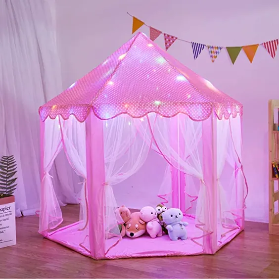 LOJETON Princess Tent for Girls Large Playhouse Kids Castle Play Tent with چراغ های ستاره ای LED ، دختران چادر خواب برای بازی های فضای باز داخل - 55 "x 53" (صورتی)