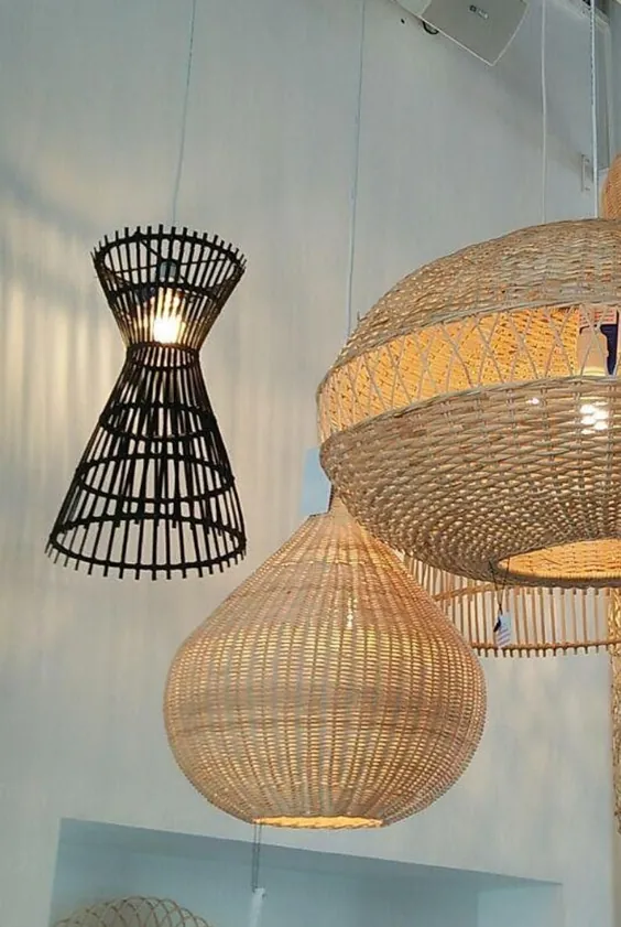 چراغ آویز بامبو مدرن چوب حصیری لوستر بامبو |  اتسی
