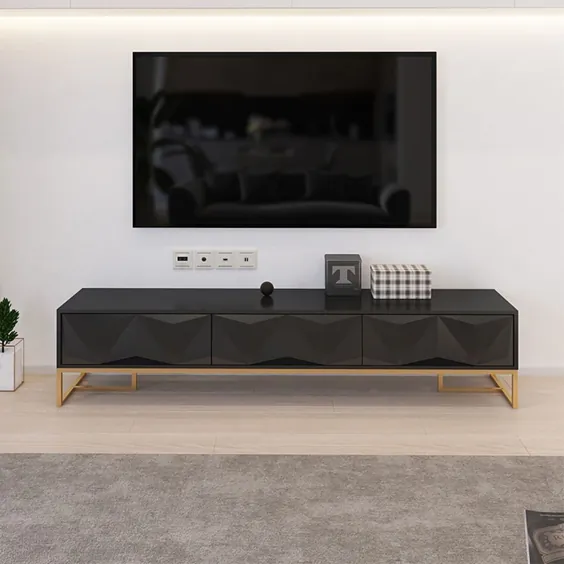 Nordic White TV Stand 3D Embossed Surface Media Console 3 دراور به صورت کوچک
