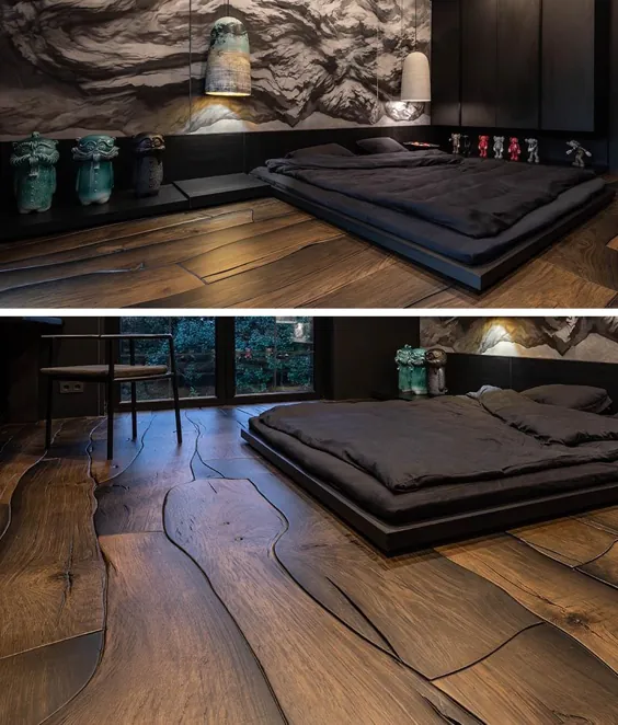 این اتاق خواب مردانه دارای نقاشی دیواری دراماتیک و کف های چوبی منحصر به فرد است
