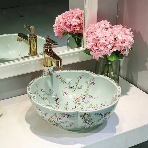 گل و پرندگان به سبک اروپا Lavabo Washbasin Artistic Bathroom Sink دستمال سرامیکی لگن ظرفشویی حمام