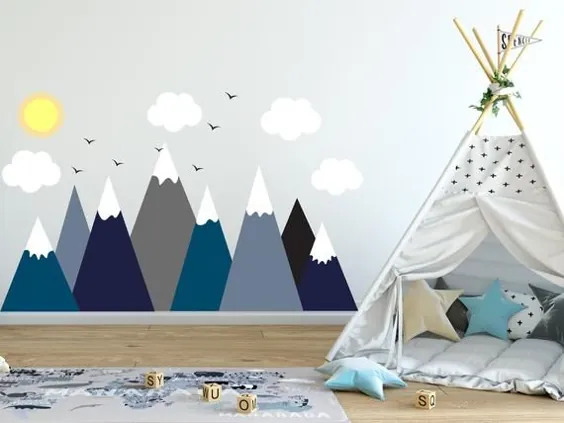 تزئینات دیوار تزئینی وینیل آبی و خاکستری ، برچسب اتاق بچه های کوهستانی ، دکوراسیون مهد کودک ، ابرها