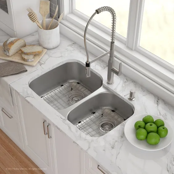 سینک ظرفشویی آشپزخانه KRAUS MicroShield 32 in 2-Bowl Undermount (خاکستری استیل)