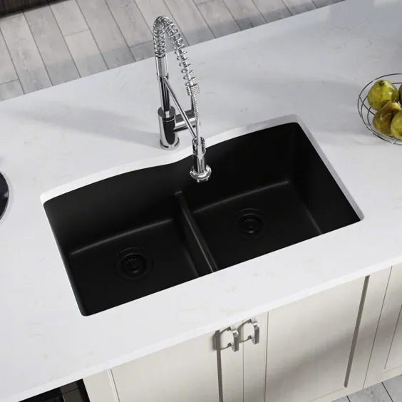 سینک ظرفشویی آشپزخانه MR Direct Black Quartz Granite 33 in. دو ظرف کاسه قابل شستشو با صافی همسان و Flange-812-BL-CSTRFLG - انبار خانه