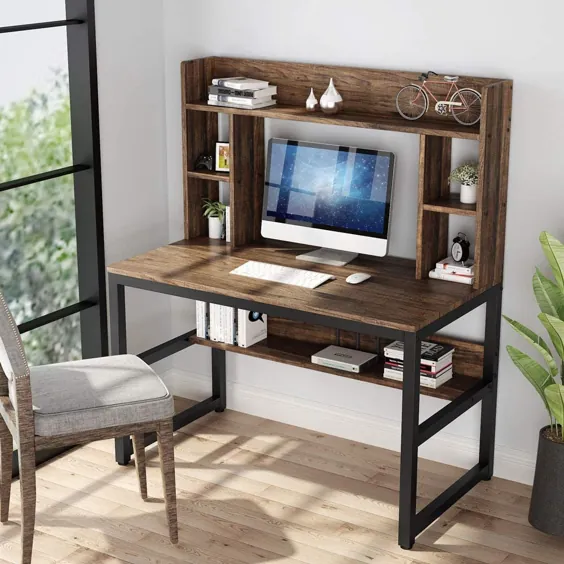 میز کامپیوتر با هاچ ، میز تحریر مدرن 47 اینچ با قفسه های ذخیره سازی ، ایستگاه کاری میز کار میز مطالعه دفتر کار برای دفتر خانه ، قهوه ای روشن