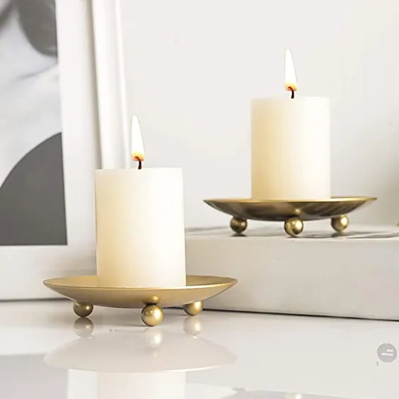 نگهدارنده شمع صفحه آهنی طلا ، صفحه شمع تزئینی ستون آهنی ، ست 2 ، 4.37 اینچ D x 0.78 اینچ H ، پایه شمع پایه برای شمع های LED و مومی ، مخروط های بخور ، آبگرم ، عروسی (2 عدد)