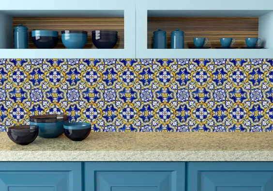 عکس برگردان دیواری مجموعه ای از 24 سایه آبی کاشی مکزیکی برگردان آشپزخانه |  اتسی