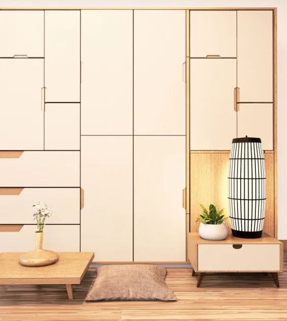 کمد دیواری دیواری به سبک ژاپنی چوبی در فضای خالی با حداقل فضای داخلی. ارائه سه بعدی