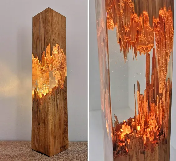 این لامپ های چوبی اپوکسی زیبا از یک قطعه چوب شکسته ساخته شده اند