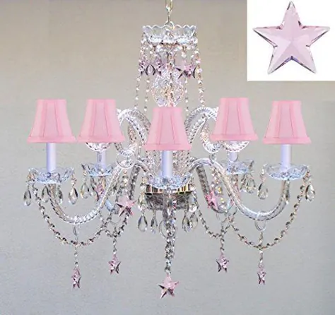 روشنایی لوستر Empress Crystal (Tm) با ستاره های کریستال صورتی H25 "X W24" - اتاق خواب اتاق خواب کودکان و نوجوانان دختران کودکستان - Go-A46-Pinkshades / B38 / 387/5 / صورتی