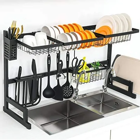 ظروف خشک کننده ظرف روی ظرفشویی ، (20 "-37") قابل تنظیم ، ردیف ظرف ظرفشویی آشپزخانه با طول فولاد ضد زنگ 2 ردیف ، تخلیه قفسه ظرف بزرگ برای نگهدارنده ظروف ذخیره ساز سازمان دهنده آشپزخانه