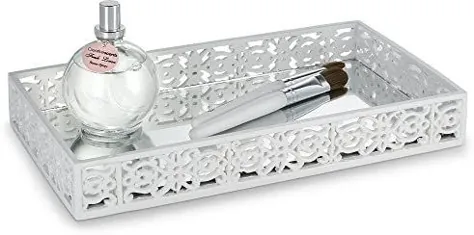 DWÃ ‹LLZA HOMÃ‹ Vanity Shelf Mirror Tray for dresser (11 "x 6.12" x 1.6 ") - Organizer لوازم آرایشی تزئینی - رزین با دوام - بهترین سینی ها برای آرایش جواهرات عطر (سفید-آینه ژانت)